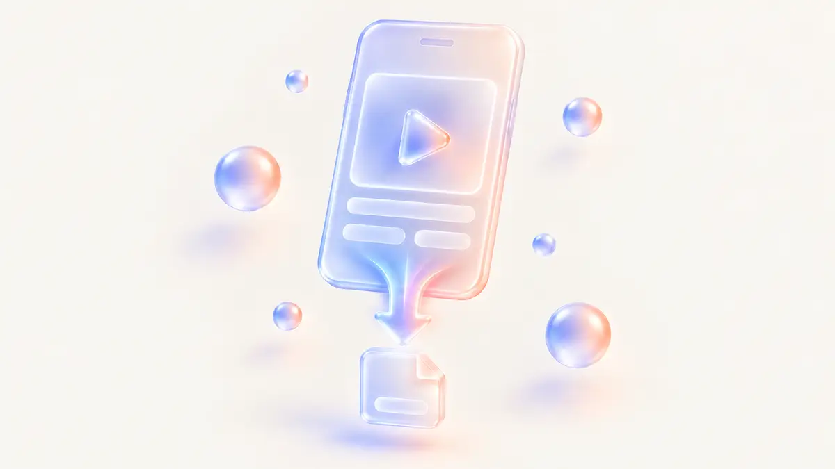 An abstract illustration of a rounded phone shape with a soft play triangle flowing into a stack of photo tiles.