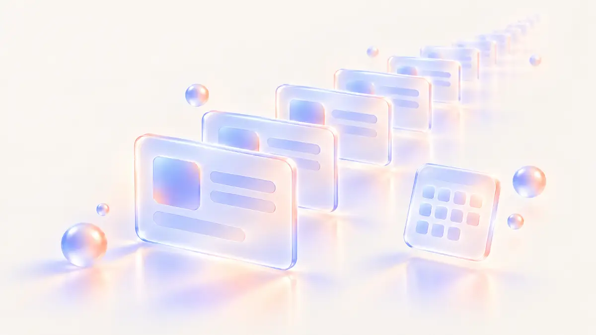 Abstract stacked translucent cards receding into a soft periwinkle distance, like pages in a timeline.