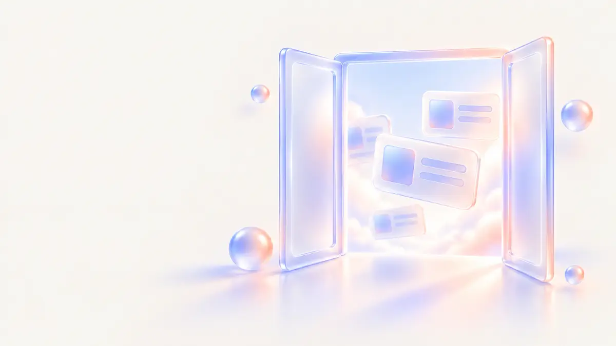 Abstract layered translucent panels opening like a window onto a soft periwinkle and coral gradient.