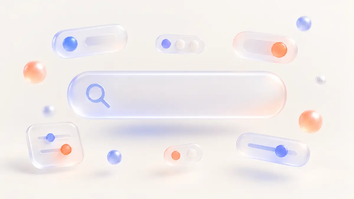Abstract layered filter shapes narrowing a stream of colored dots into a single bright point.